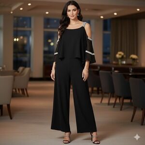 Glamour Nights Black Wide Leg Jumpsuit Stretchy Glam Cocktail Womens Size 12 NEW